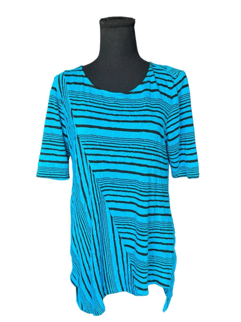 Al Miles Blue Black Striped Tunic Top Medium Asymmetrical Artsy Boho Career E21 - Picture 1 of 5
